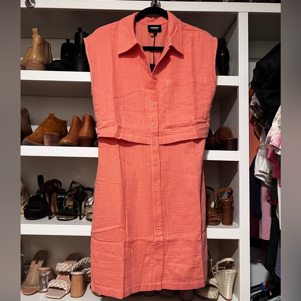Monrow Double Layer Shirt Dress, Coral, Size Large, NWT - Picture 4 of 4